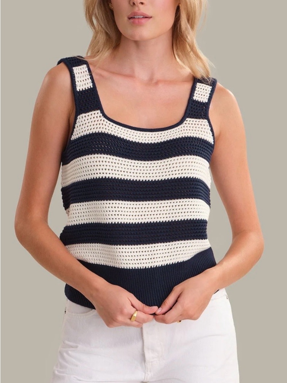 525 America Navy & Cream Striped Crochet cotton Tank Top